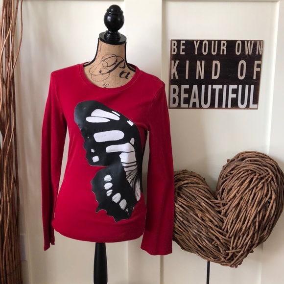 Norma Kamali Tops - Norma Kamali red butterfly long sleeve tee shirt